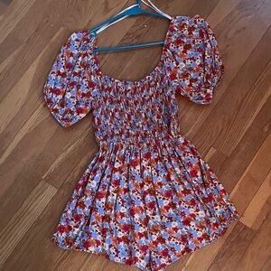 Forever 21 Floral Puff Sleeve Romper - Red and Blue